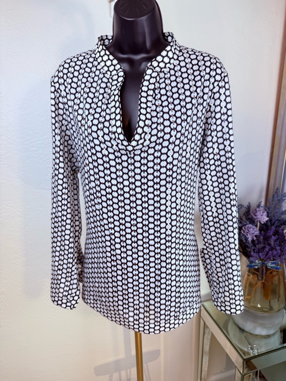 Tory Burch Sequin Navy White Print Stephanie Tunic Top L Sparkly BohoChic
